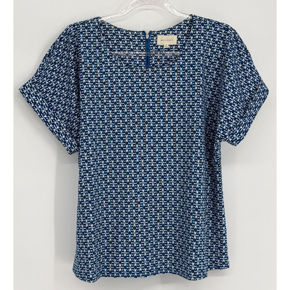 Melloday Womens Blue Geometric Tile Print Short Sleeve Back Zip‎ Blouse Sz M